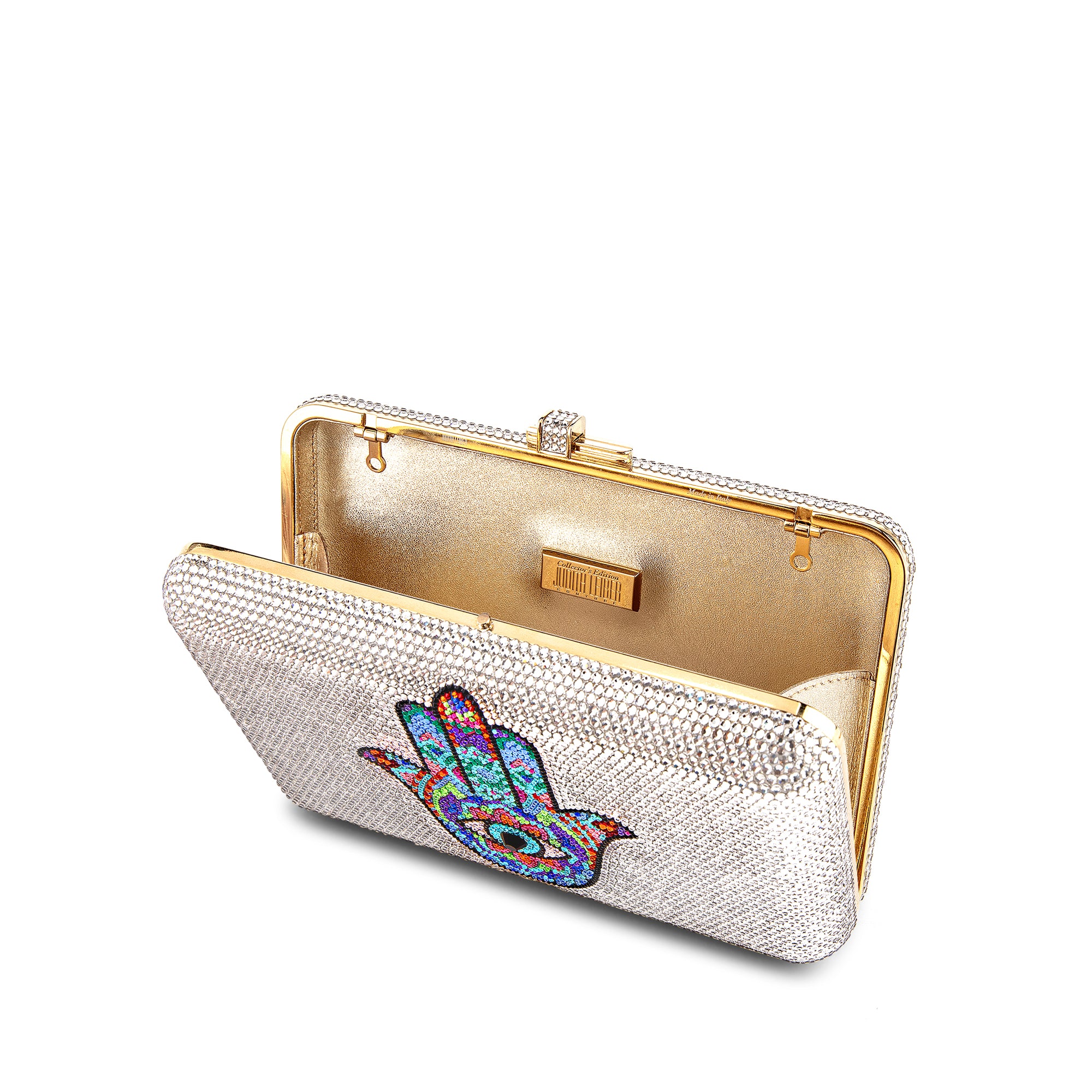Multi-Color Hamsa Crystal Minaudiere Clutch
