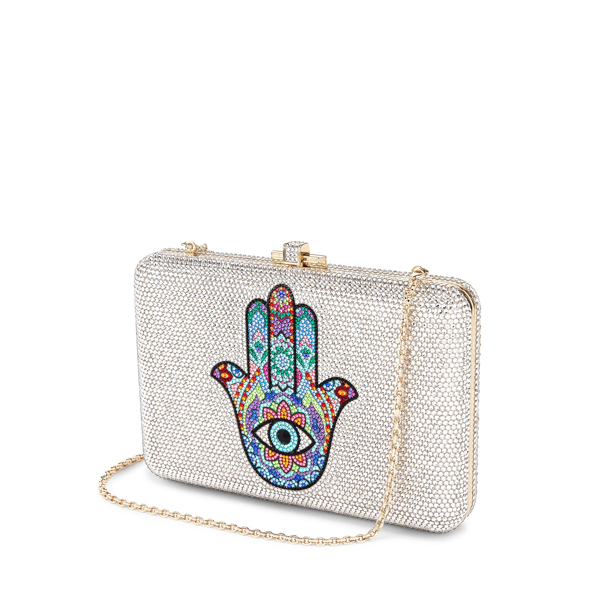 Multi-Color Hamsa Crystal Minaudiere Clutch