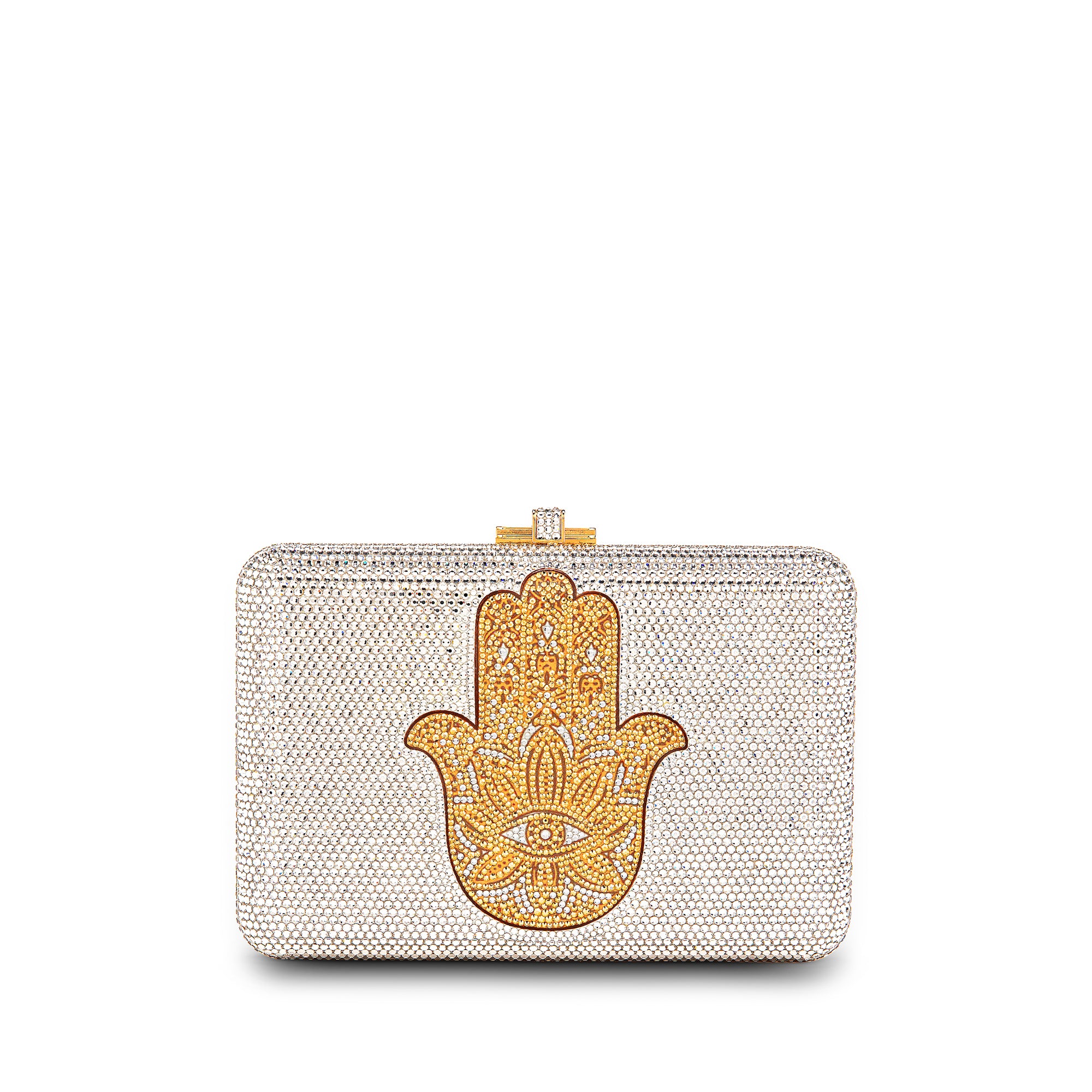Gold Hamsa Crystal Minaudiere Clutch