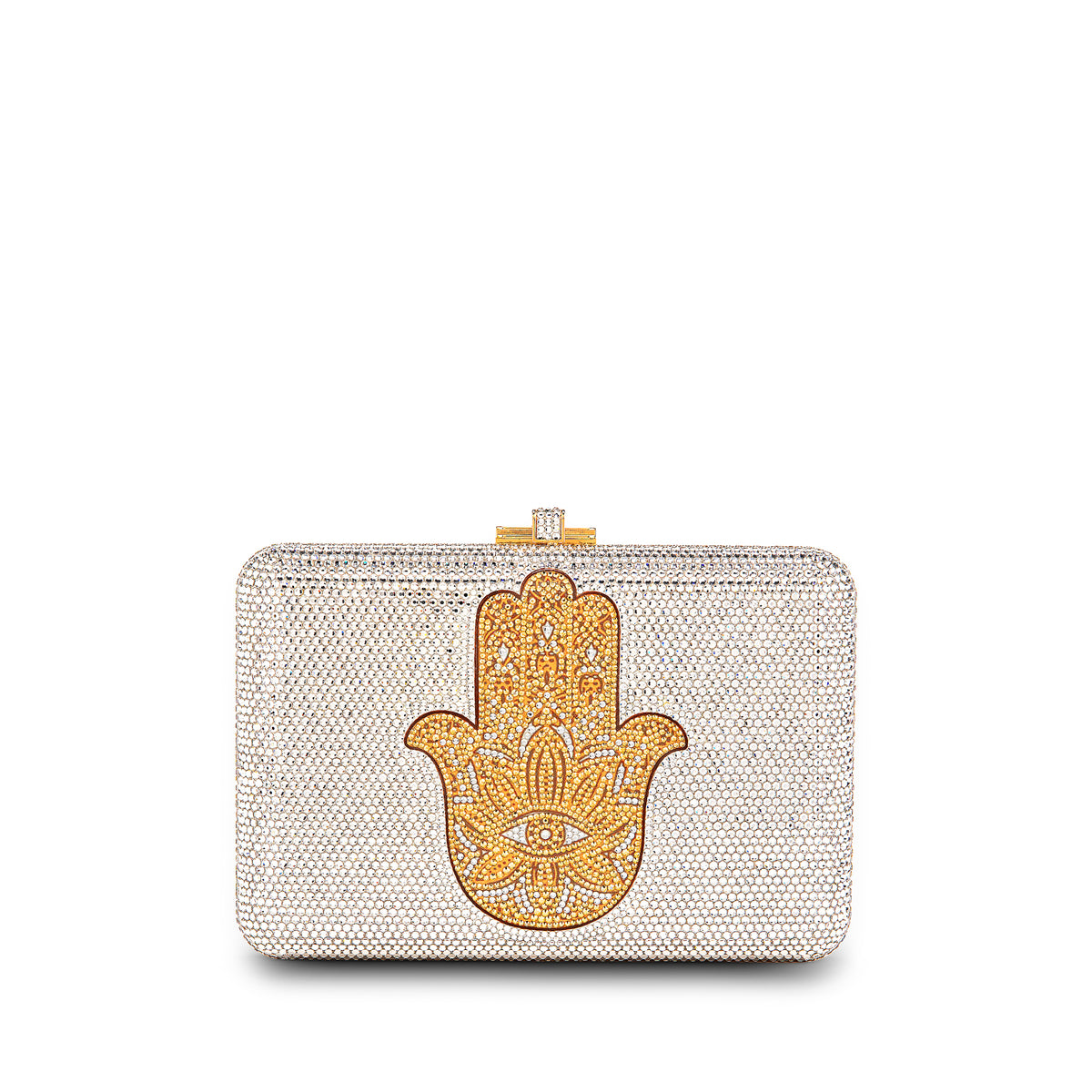 Gold Hamsa Crystal Minaudiere Clutch