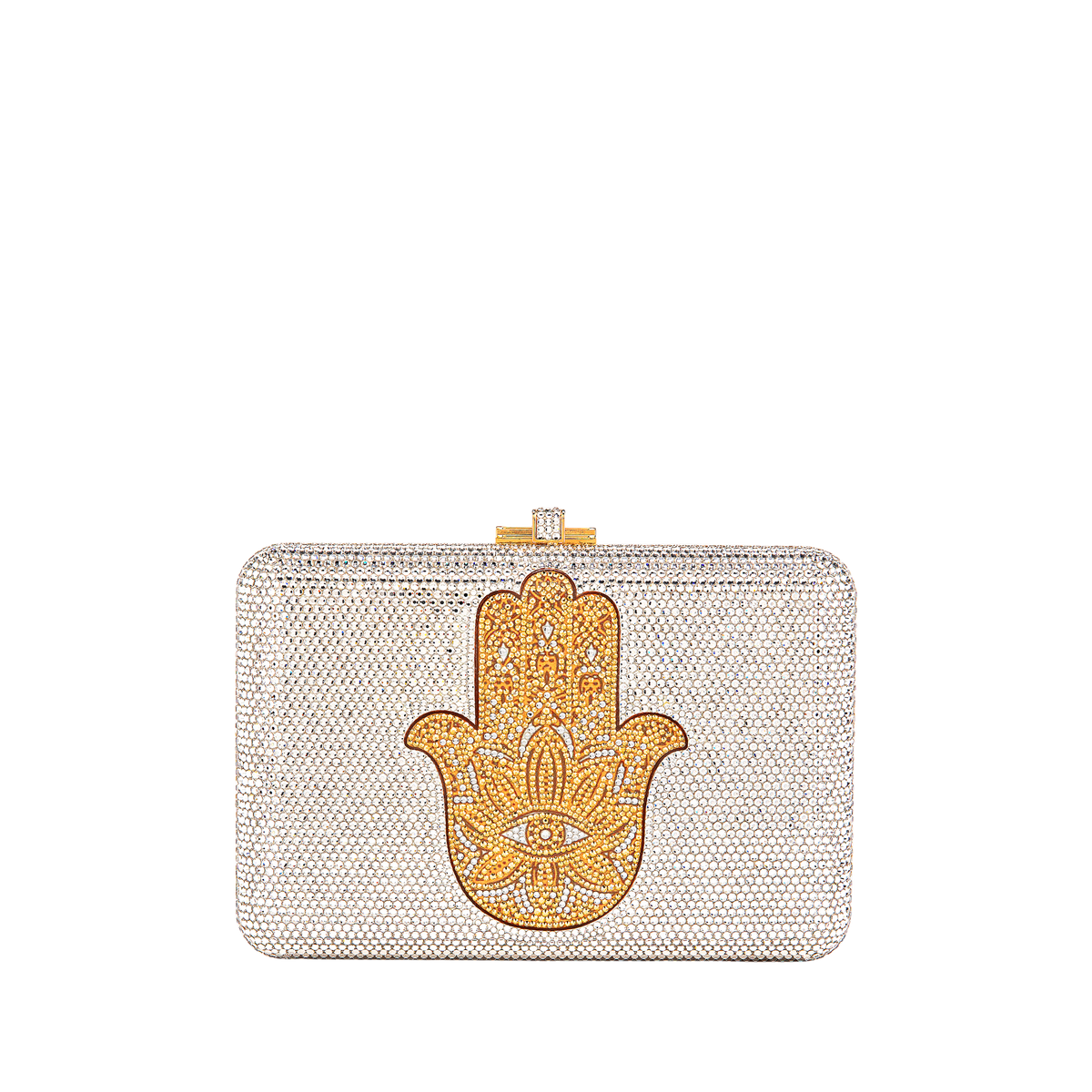 Gold Hamsa Crystal Minaudière Clutch