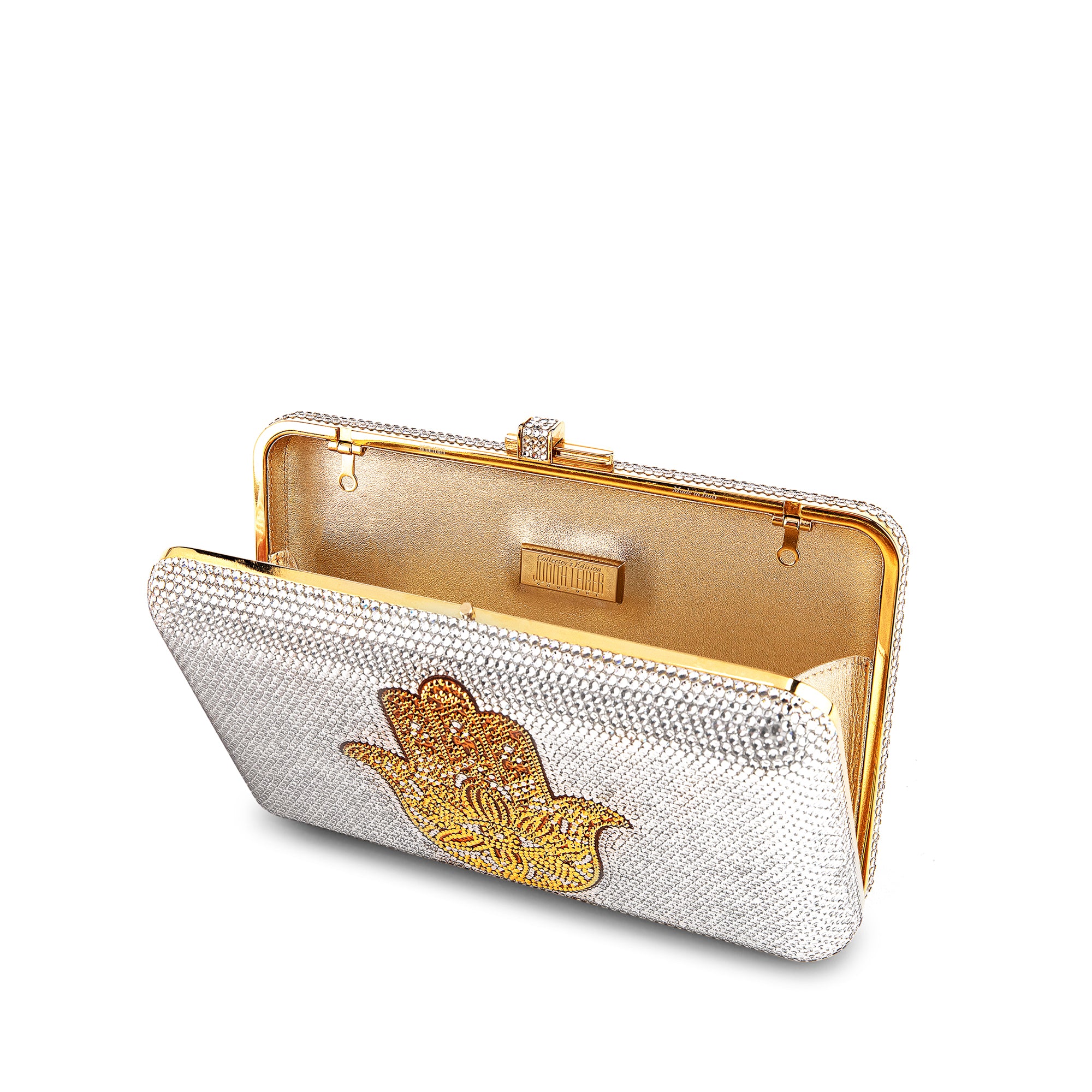 Gold Hamsa Crystal Minaudiere Clutch