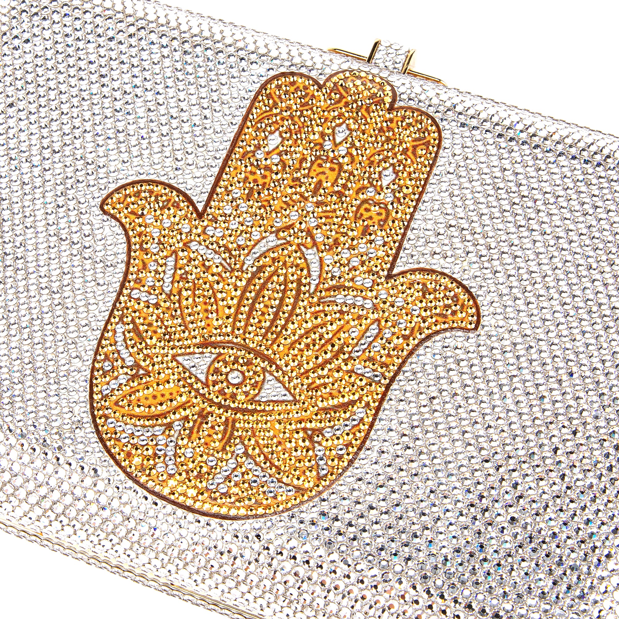 Gold Hamsa Crystal Minaudiere Clutch