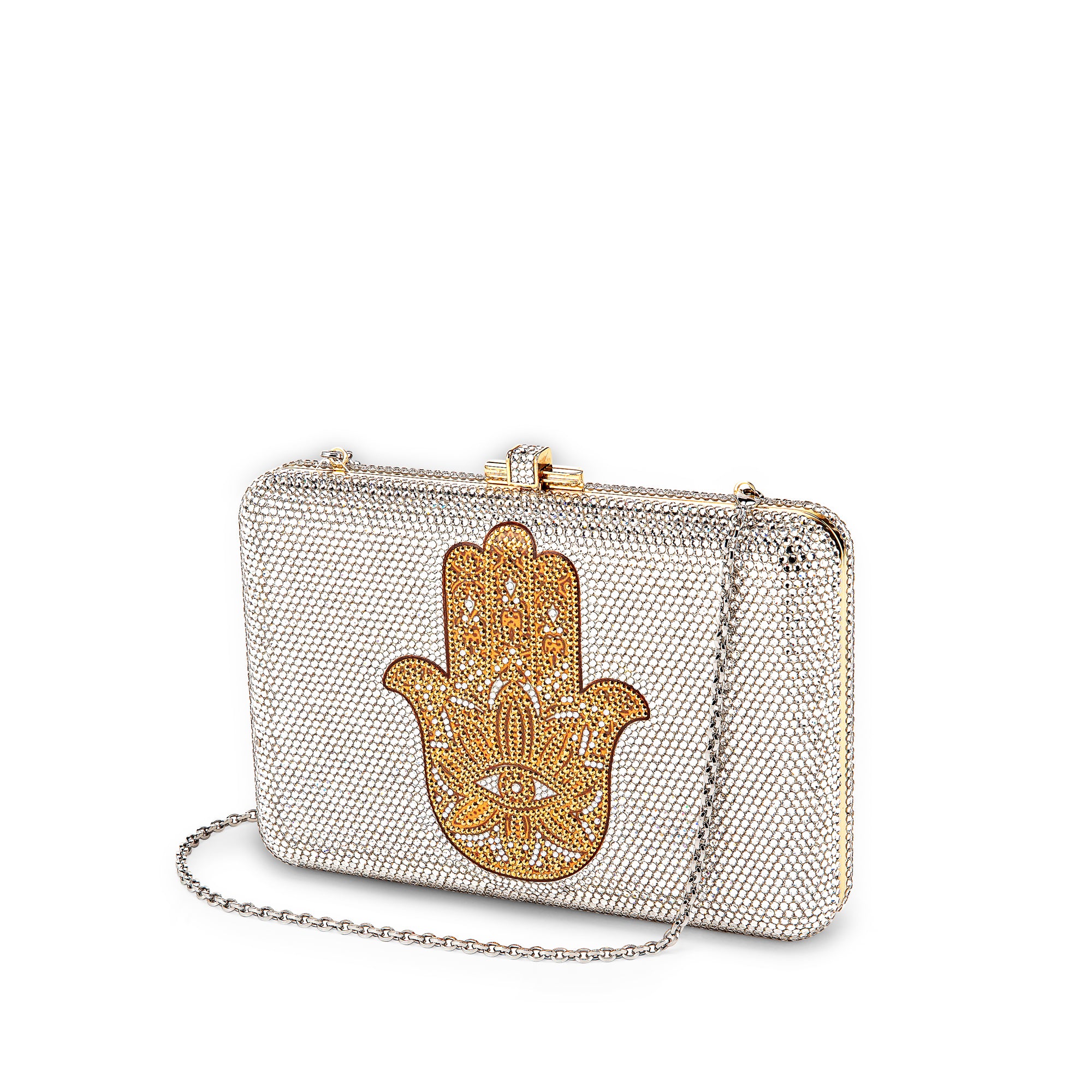 Gold Hamsa Crystal Minaudiere Clutch